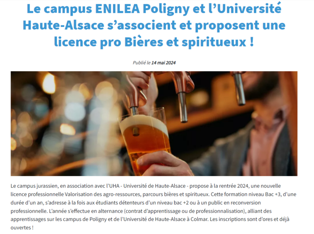 studyrama.com - Le campus ENILEA Poligny et l'Université Haute-Alsace s'associent et proposent une licence pro Bières et spiritueux !