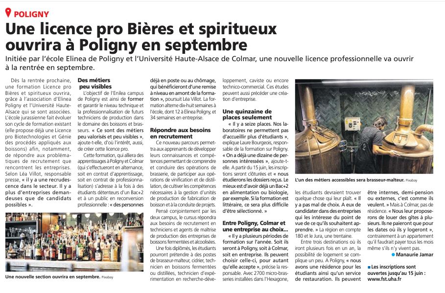 Voix du Jura – Poligny – Une licence pro Bières et spiritueux ouvrira à Poligny en septembre